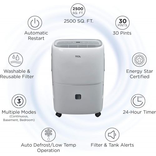  TCL 30 Pint Smart dehumidifiers, 2,500 Sq. Ft, White