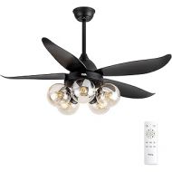 TCL 48 Black Ceiling Fan with Lights Remote Control, Classic Ceiling Fan with 5 glass lampshades for LED Edison Bulb, 5 Blades Noiseless Reversible Motor,6-Speed(Bulb not included)