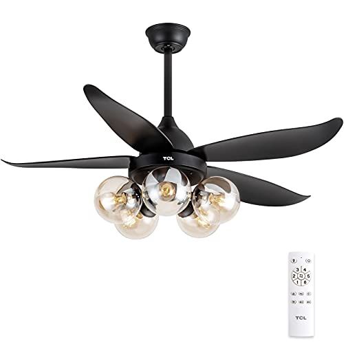  TCL 48 Black Ceiling Fan with Lights Remote Control, Classic Ceiling Fan with 5 glass lampshades for LED Edison Bulb, 5 Blades Noiseless Reversible Motor,6-Speed(Bulb not included)