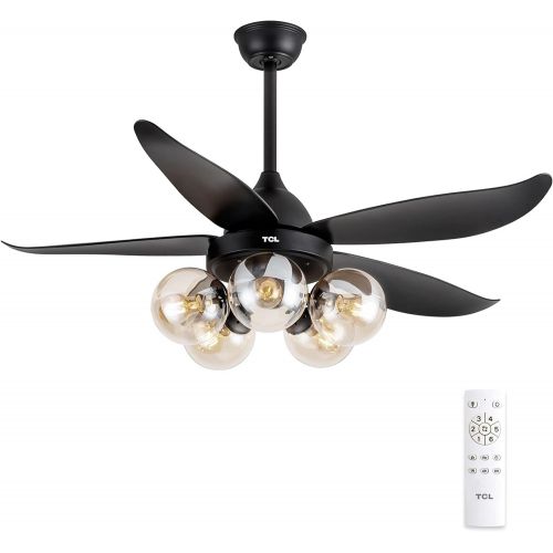  TCL 48 Black Ceiling Fan with Lights Remote Control, Classic Ceiling Fan with 5 glass lampshades for LED Edison Bulb, 5 Blades Noiseless Reversible Motor,6-Speed(Bulb not included)