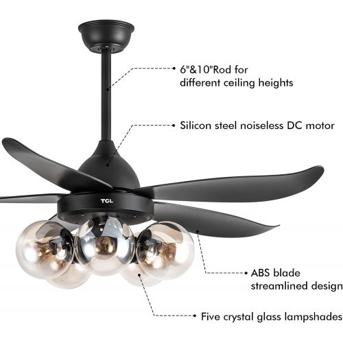  TCL 48 Black Ceiling Fan with Lights Remote Control, Classic Ceiling Fan with 5 glass lampshades for LED Edison Bulb, 5 Blades Noiseless Reversible Motor,6-Speed(Bulb not included)