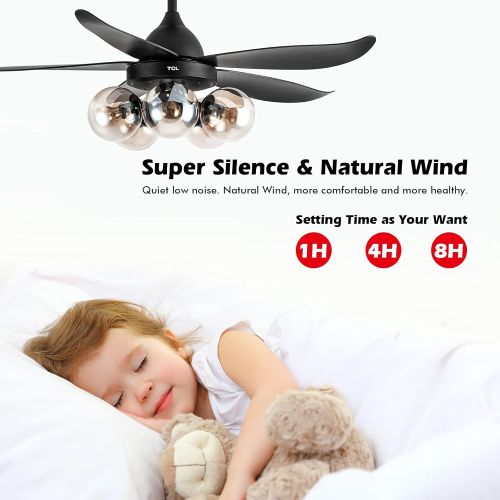  TCL 48 Black Ceiling Fan with Lights Remote Control, Classic Ceiling Fan with 5 glass lampshades for LED Edison Bulb, 5 Blades Noiseless Reversible Motor,6-Speed(Bulb not included)