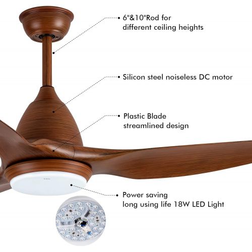  TCL 52-in Indoor Outdoor Ceiling Fan with Lights and Remote Control, Modern 3 Blades Noiseless Reversible DC Motor, 6-speed, 3-Color Temperature Switch (52 -Chestnut)