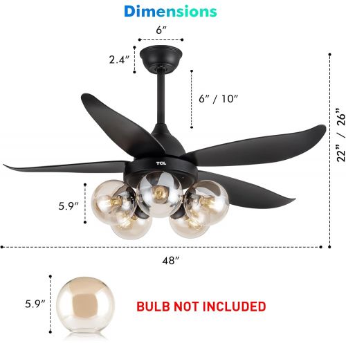  TCL 48 Inch Modern Ceiling Fan with Lights and Remote Control, Classic Ceiling Fans with 5 glass lampshades for LED Edison Bulb, 5 Blades Noiseless Reversible Motor,6-speed,Timer(b