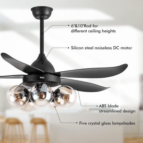  TCL 48 Inch Modern Ceiling Fan with Lights and Remote Control, Classic Ceiling Fans with 5 glass lampshades for LED Edison Bulb, 5 Blades Noiseless Reversible Motor,6-speed,Timer(b