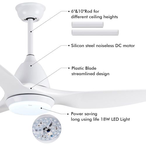  TCL 52 White LED Ceiling Fan with Light and Remote Control, Modern 3 Blades Noiseless Reversible DC Motor, 6-speed, 3-Color Temperature Switch (52 -Bright White)