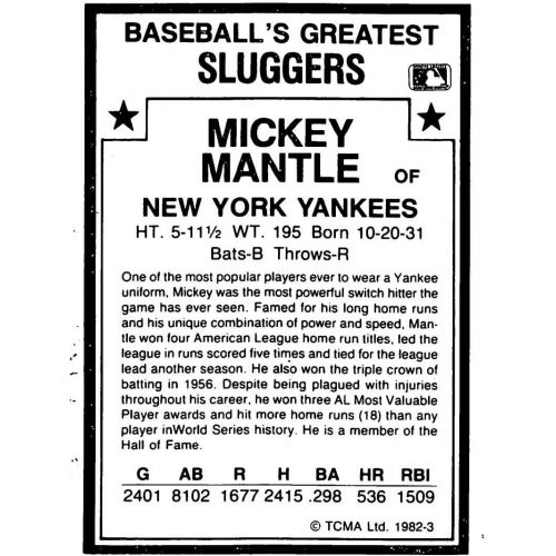  1982 TCMA Greatest Sluggers Baseball #3 Mickey Mantle New York Yankees Official MLB Trading Card in Raw Condition (EX-MT or Better)