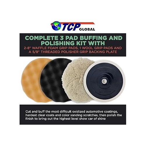  TCP Global Complete 3 Pad Buffing and Polishing Kit with 3-8