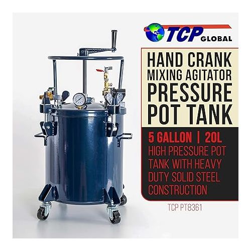  TCP Global 5 Gallon - 20 Liter Pressure Spray Pot Paint Tank: Heavy Duty Solid Steel, Clamp on Lid with Manual Mixing Agitator, Regulator & Pressure Gauge - Ideal for Large Volume Painting & Autobody