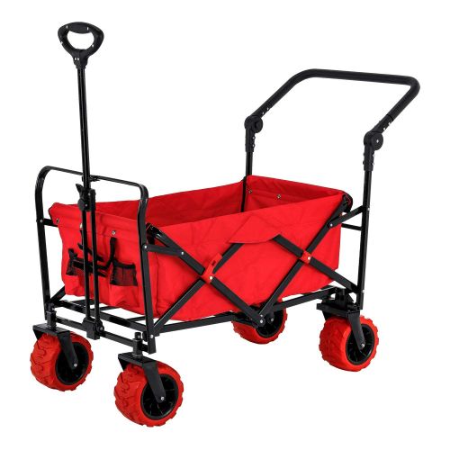  TCP Global Red Wide Wheel Wagon All Terrain Folding Collapsible Utility Wagon with Push Bar - Portable Rolling Heavy Duty 265 Lbs. Capacity Canvas Fabric Cart Buggy - Beach, Garden, Sporting