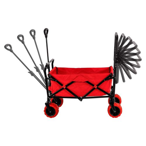  TCP Global Red Wide Wheel Wagon All Terrain Folding Collapsible Utility Wagon with Push Bar - Portable Rolling Heavy Duty 265 Lbs. Capacity Canvas Fabric Cart Buggy - Beach, Garden, Sporting
