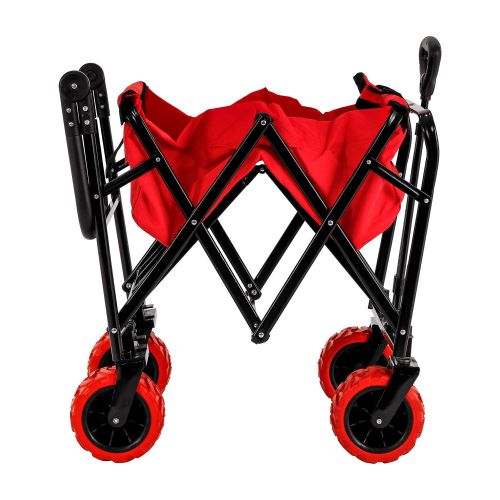  TCP Global Red Wide Wheel Wagon All Terrain Folding Collapsible Utility Wagon with Push Bar - Portable Rolling Heavy Duty 265 Lbs. Capacity Canvas Fabric Cart Buggy - Beach, Garden, Sporting