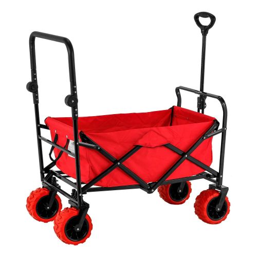  TCP Global Red Wide Wheel Wagon All Terrain Folding Collapsible Utility Wagon with Push Bar - Portable Rolling Heavy Duty 265 Lbs. Capacity Canvas Fabric Cart Buggy - Beach, Garden, Sporting