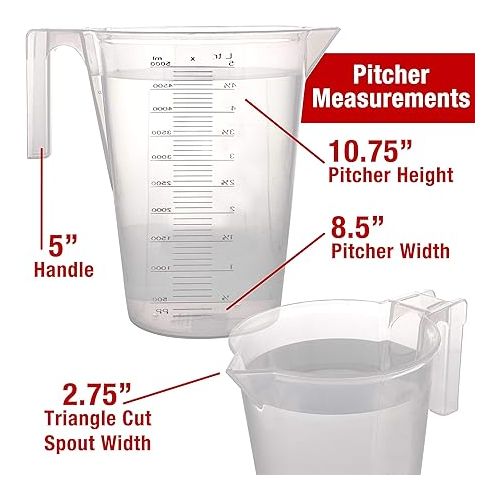  TCP Global 5 Liter (5000ml) Gallon Plastic Graduated Measuring and Mixing Pitcher (Pack of 3) - Holds 5 Quarts 1.25 Gallons- Pouring Cup, Measure & Mix Paint, Resin, Epoxy, Kitchen Cooking Baking