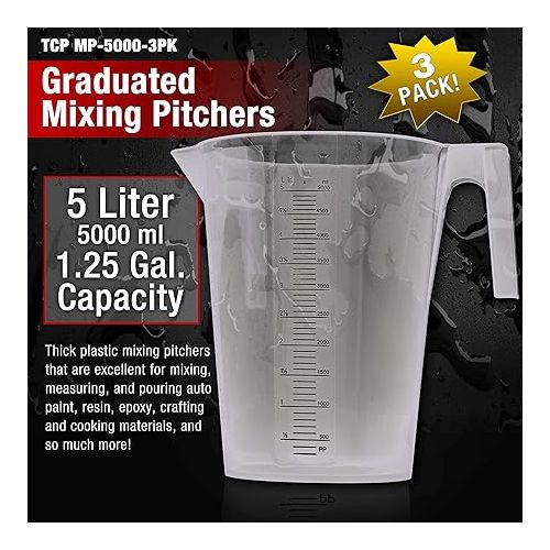  TCP Global 5 Liter (5000ml) Gallon Plastic Graduated Measuring and Mixing Pitcher (Pack of 3) - Holds 5 Quarts 1.25 Gallons- Pouring Cup, Measure & Mix Paint, Resin, Epoxy, Kitchen Cooking Baking