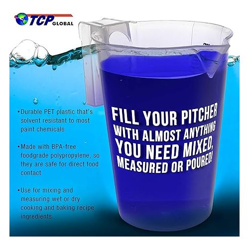  TCP Global 3 Liter (3000ml) Plastic Graduated Measuring and Mixing Pitcher (Pack of 4) - Holds 3 Quarts 0.75 Gallon - Pouring Cup, Measure & Mix Paint, Resin, Epoxy, Kitchen Cooking Baking Ingredients