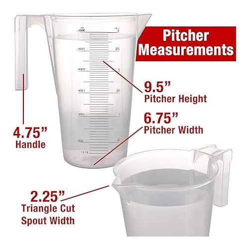  TCP Global 3 Liter (3000ml) Plastic Graduated Measuring and Mixing Pitcher (Pack of 4) - Holds 3 Quarts 0.75 Gallon - Pouring Cup, Measure & Mix Paint, Resin, Epoxy, Kitchen Cooking Baking Ingredients