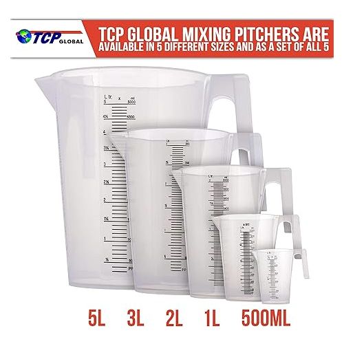  TCP Global 3 Liter (3000ml) Plastic Graduated Measuring and Mixing Pitcher (Pack of 4) - Holds 3 Quarts 0.75 Gallon - Pouring Cup, Measure & Mix Paint, Resin, Epoxy, Kitchen Cooking Baking Ingredients