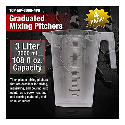  TCP Global 3 Liter (3000ml) Plastic Graduated Measuring and Mixing Pitcher (Pack of 4) - Holds 3 Quarts 0.75 Gallon - Pouring Cup, Measure & Mix Paint, Resin, Epoxy, Kitchen Cooking Baking Ingredients