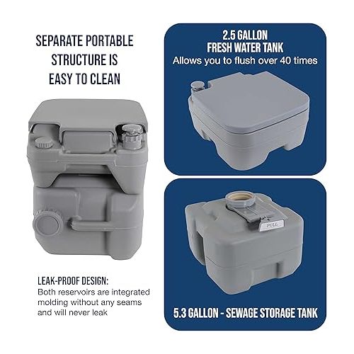  U.S. Camping Supply Portable Toilet with Carry Bag, 5.3 Gallon Waste Tank - Compact Indoor Outdoor Dual Outlet Commode - Travel, Camping, RV, Boating, Fishing - Traveling Bathroom, Water Flush Pump