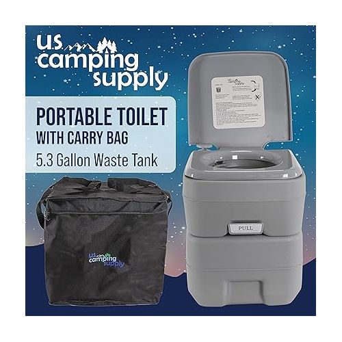  U.S. Camping Supply Portable Toilet with Carry Bag, 5.3 Gallon Waste Tank - Compact Indoor Outdoor Dual Outlet Commode - Travel, Camping, RV, Boating, Fishing - Traveling Bathroom, Water Flush Pump