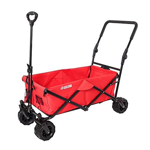  TCP Global Red Wide Wheel Wagon All Terrain Folding Collapsible Utility Wagon with Push Bar - Portable Rolling Heavy Duty 265 Lbs. Capacity Canvas Fabric Cart Buggy - Beach, Garden, Sporting