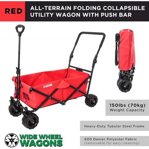  TCP Global Red Wide Wheel Wagon All Terrain Folding Collapsible Utility Wagon with Push Bar - Portable Rolling Heavy Duty 265 Lbs. Capacity Canvas Fabric Cart Buggy - Beach, Garden, Sporting