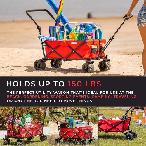  TCP Global Red Wide Wheel Wagon All Terrain Folding Collapsible Utility Wagon with Push Bar - Portable Rolling Heavy Duty 265 Lbs. Capacity Canvas Fabric Cart Buggy - Beach, Garden, Sporting