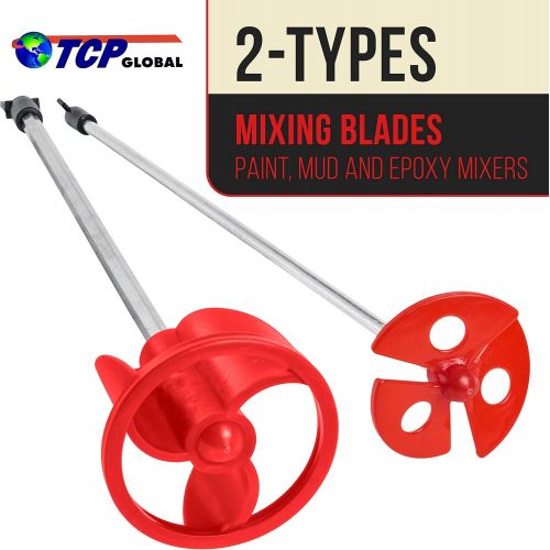  [아마존베스트]TCP Global 2 Types of Paint, Epoxy Resin, Mud Power Mixer Blade Drill Tools for Mixing Quarts to 2.5 Gallon Buckets - 14 Long, 1/4 Round and 5/16 Hex Shafts, 2.5 and 3 Plastic Padd