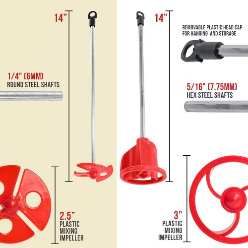  [아마존베스트]TCP Global 2 Types of Paint, Epoxy Resin, Mud Power Mixer Blade Drill Tools for Mixing Quarts to 2.5 Gallon Buckets - 14 Long, 1/4 Round and 5/16 Hex Shafts, 2.5 and 3 Plastic Padd