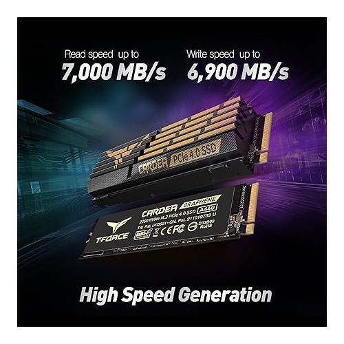  TEAMGROUP T-Force CARDEA A440 Graphene & Aluminum Heatsink 2TB DRAM SLC Cache 3D NAND TLC NVMe Phison E18 PCIe Gen4x4 M.2 2280 Internal SSD Works with PS5 Read/Write 7,000/6,900 MB/s TM8FPZ002T0C327