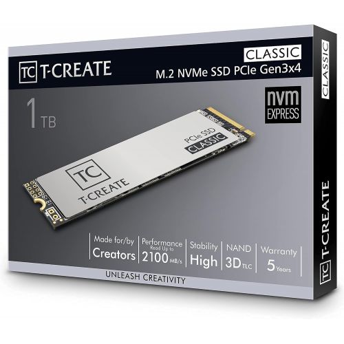  TEAMGROUP T-CREATE CLASSIC 1TB for Creators 3D NAND TLC NVMe 1.3 M.2 PCIe Gen3x4 2280 Internal Solid State Drive SSD (Read Speed up to 2100MB/s) TBW 600TB for Laptop & PC Desktop T