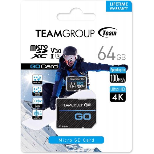  TEAMGROUP GO Card 64GB Micro SDXC UHS-I U3 V30 4K for GoPro & Drone & Action Cameras High Speed Flash Memory Card with Adapter for Outdoor, Sports, 4K Shooting, Nintendo-Switch TGU