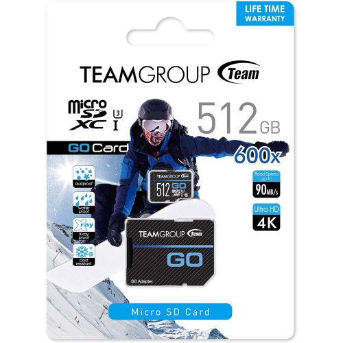  TEAMGROUP GO Card 512GB Micro SDXC UHS-I U3 V30 4K for GoPro & Drone & Action Cameras High Speed Flash Memory Card with Adapter for Outdoor, Sports, 4K Shooting, Nintendo-Switch TG