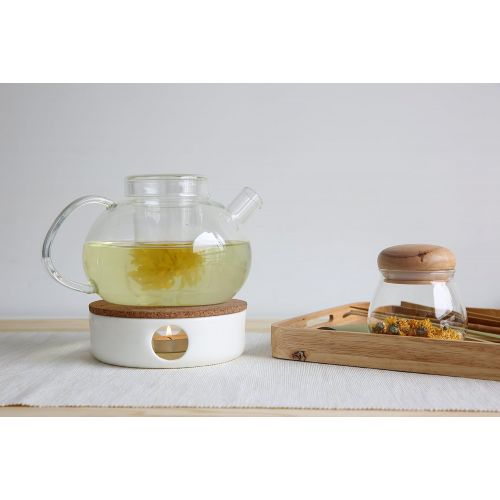  TEASOUL Sehr eleganter Teekannenwarmer in Porzellan mit Korkstander. Die perfekte Unterstuetzung, um Deine Teekanne Immer warm zu halten, weiss, 15 cm