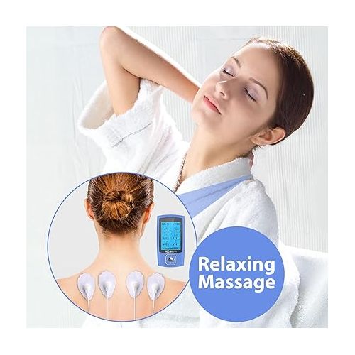  24 Modes TENS Unit Muscle Stimulator, Rechargeable TENS Machine with 8 Electrode Pads (American Gel), Electric Pulse Massager for Pain Relief Therapy（Blue）