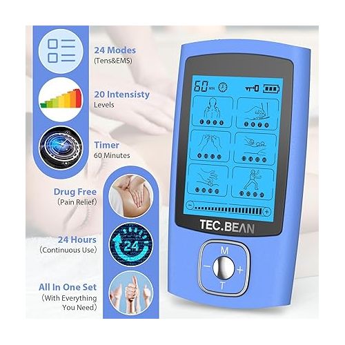  24 Modes TENS Unit Muscle Stimulator, Rechargeable TENS Machine with 8 Electrode Pads (American Gel), Electric Pulse Massager for Pain Relief Therapy（Blue）