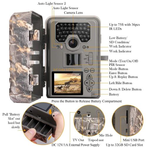  TEC.BEAN Trail Camera 12MP 1080P Full HD Game & Hunting Camera with 36pcs 940nm IR LEDs Night Vision up to 75ft23m IP66 Waterproof 0.6s Trigger Speed for Wildlife Observation and