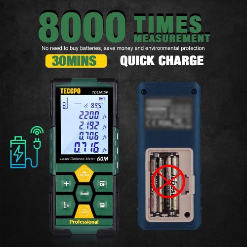  [아마존핫딜][아마존 핫딜] Laser Measure 196ft TECCPO Pro with Li-ion Battery, 99 Sets Data Storage, Electronic Angle Sensor, 2.25 LCD Backlit, Mute Function, Measure Distance, Area, Volume and Pythagoras -