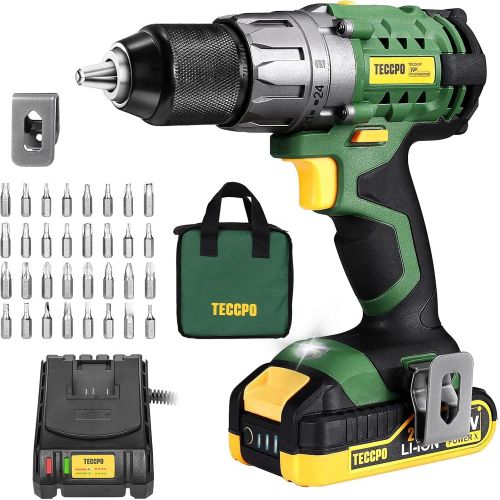  TECCPO Power Drill, Cordless Drill with Battery and Charger(2000mAh), 530 In-lbs, 24+1 Torque Setting, 0-1700RPM Variable Speed, 33pcs Accessories Drill Set, Drill with 1/2 Metal K