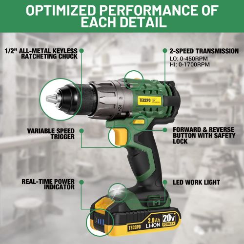  TECCPO Power Drill, Cordless Drill with Battery and Charger(2000mAh), 530 In-lbs, 24+1 Torque Setting, 0-1700RPM Variable Speed, 33pcs Accessories Drill Set, Drill with 1/2 Metal K