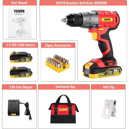  TECCPO Cordless Drill, 20V Drill Set Power Drill, Brushless Drill Driver with 2 Batteries, 530 In-lbs, 1/2All-Metal Chuck, 21+1 Torque Settings, 0-1500RPM Variable Speed, 33pcs Acc