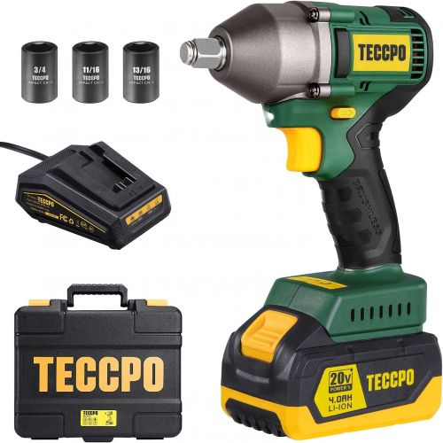  TECCPO Impact Wrench, Brushless 20V MAX Cordless Impact Wrench, 4.0Ah Li-ion Battery, 1/2 Inch, 300 Ft-lbs(400N.m) Max, 3 Variable Speed Wrench, 1 hour Fast Charger, 3 Sockets, Too