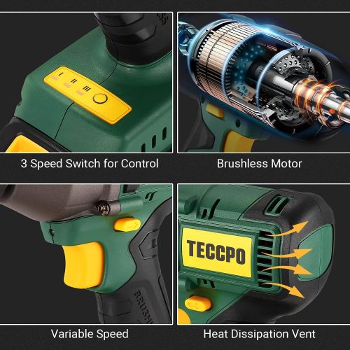  TECCPO Impact Wrench, Brushless 20V MAX Cordless Impact Wrench, 4.0Ah Li-ion Battery, 1/2 Inch, 300 Ft-lbs(400N.m) Max, 3 Variable Speed Wrench, 1 hour Fast Charger, 3 Sockets, Too