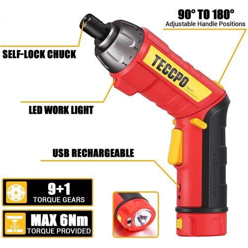  TECCPO Cordless Screwdriver, 6Nm Electric Screwdriver, 4V 2000mAh Li-ion, with 45 pcs Accessories, 9+1 Torque Gears, Adjustable 2 Position Handle with LED, USB Rechargeable