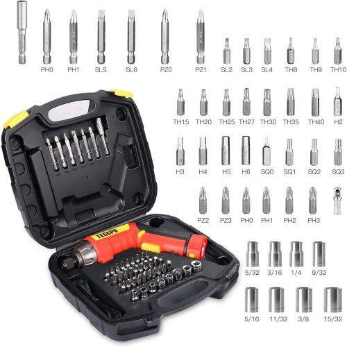  TECCPO Cordless Screwdriver, 6Nm Electric Screwdriver, 4V 2000mAh Li-ion, with 45 pcs Accessories, 9+1 Torque Gears, Adjustable 2 Position Handle with LED, USB Rechargeable