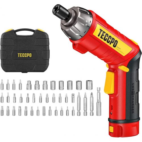  TECCPO Cordless Screwdriver, 6Nm Electric Screwdriver, 4V 2000mAh Li-ion, with 45 pcs Accessories, 9+1 Torque Gears, Adjustable 2 Position Handle with LED, USB Rechargeable