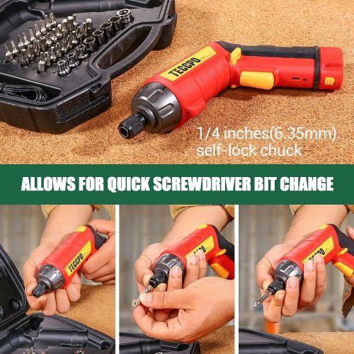  TECCPO Cordless Screwdriver, 6Nm Electric Screwdriver, 4V 2000mAh Li-ion, with 45 pcs Accessories, 9+1 Torque Gears, Adjustable 2 Position Handle with LED, USB Rechargeable