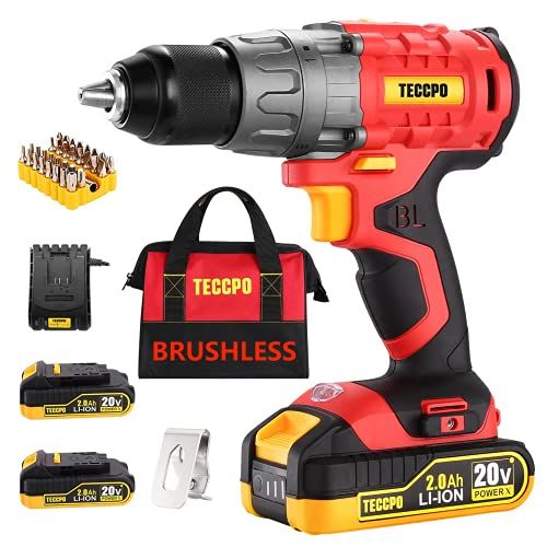  TECCPO Cordless Drill, 20V Drill Set Power Drill, Brushless Drill Driver with 2 Batteries, 530 In-lbs, 1/2All-Metal Chuck, 21+1 Torque Settings, 0-1500RPM Variable Speed, 33pcs Acc