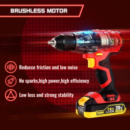  TECCPO Cordless Drill, 20V Drill Set Power Drill, Brushless Drill Driver with 2 Batteries, 530 In-lbs, 1/2All-Metal Chuck, 21+1 Torque Settings, 0-1500RPM Variable Speed, 33pcs Acc